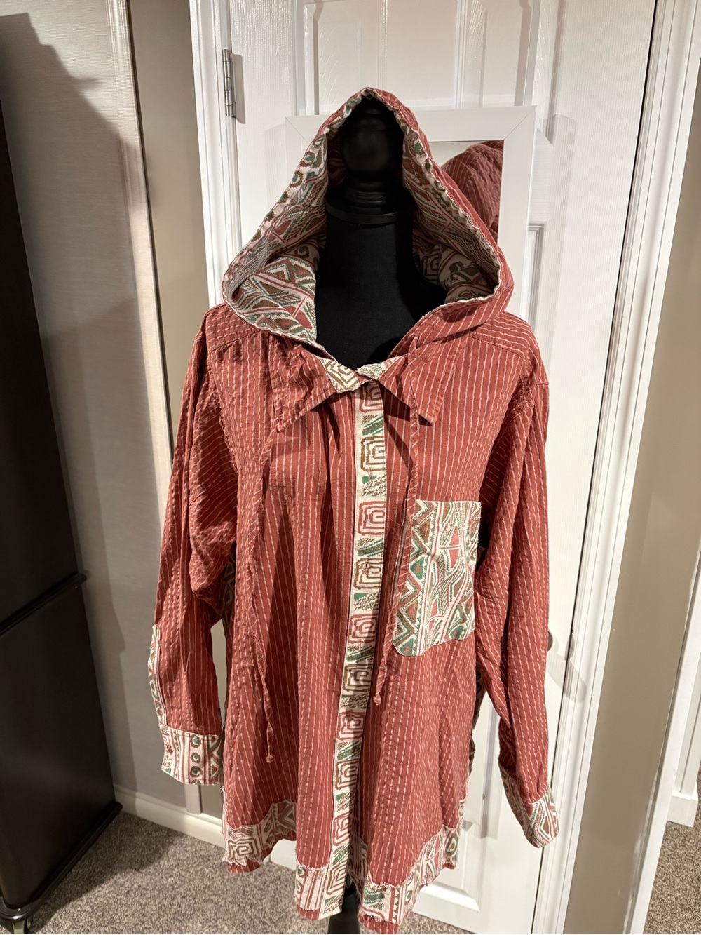 Women's Blue Velvet Terracotta Hooded Jacket with Patterned Trim. NWOT